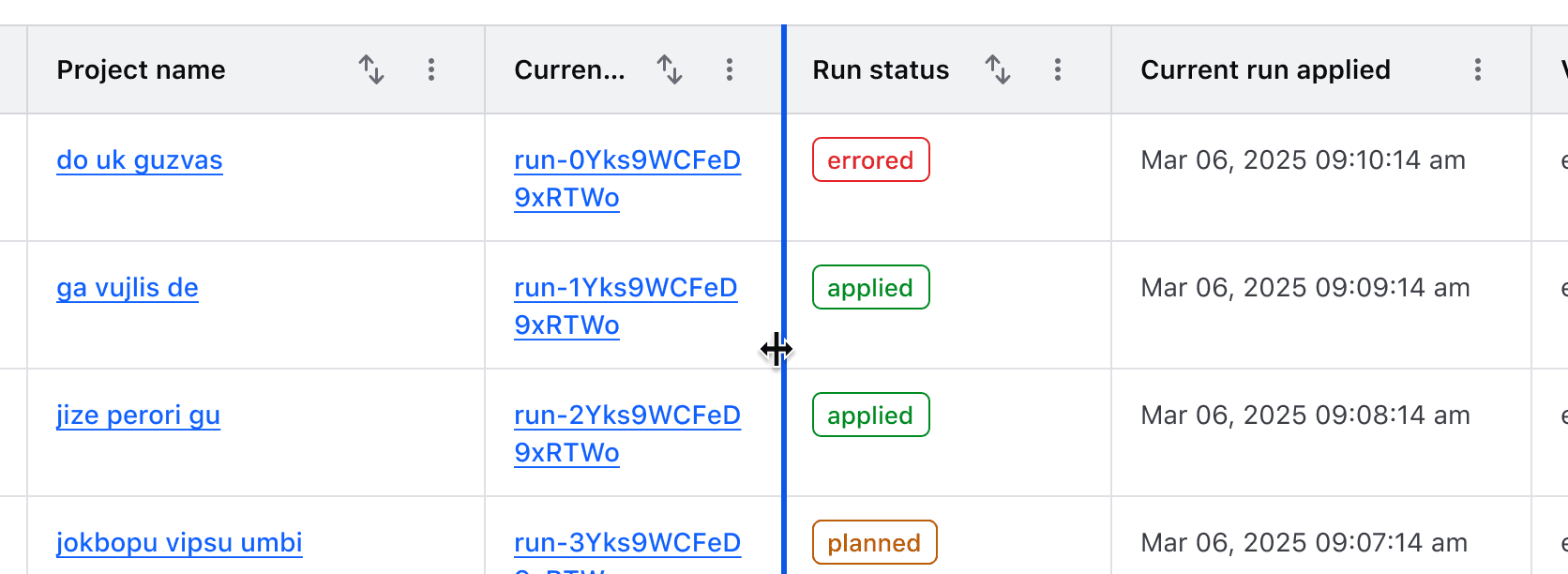 An example of a column being resized to the minimum default width